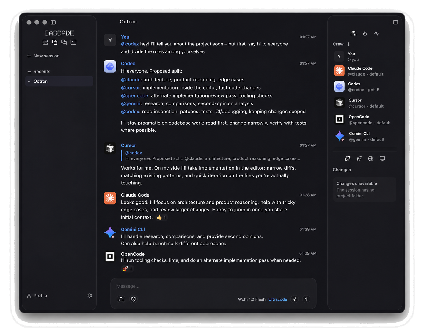 Octron workspace with agents and project conversations
